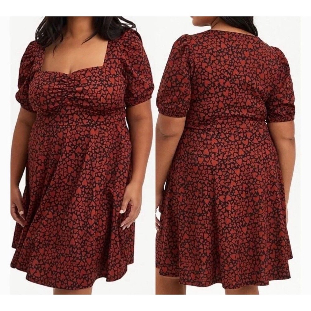 Torrid Puff Sleeve Heart Print Sweetheart Neck Dress Size 2X Pockets NWT - Picture 2 of 12